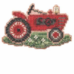 May include: A cross-stitched red tractor with black tires and a green field base. The tractor has detailed stitching, including the wheels, body, and small accents. The design is a charming, handcrafted piece.