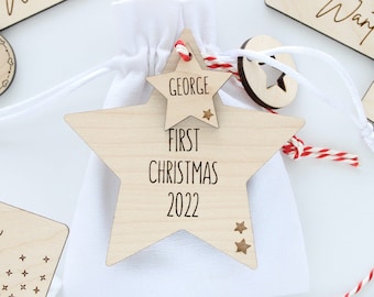 Personalized Wooden Star Ornament: First Christmas 2025, Newlywed Gift