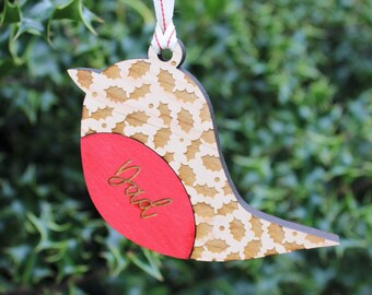 Personalised Robin Christmas Decoration: Maple Wood Ornament