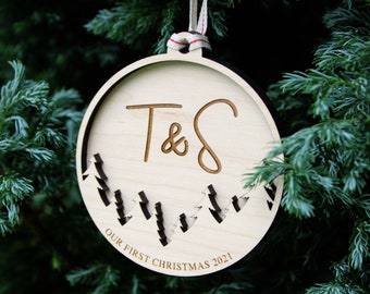 Newlywed Christmas bauble - personalised Christmas decoration ~ our first Christmas wooden ornament