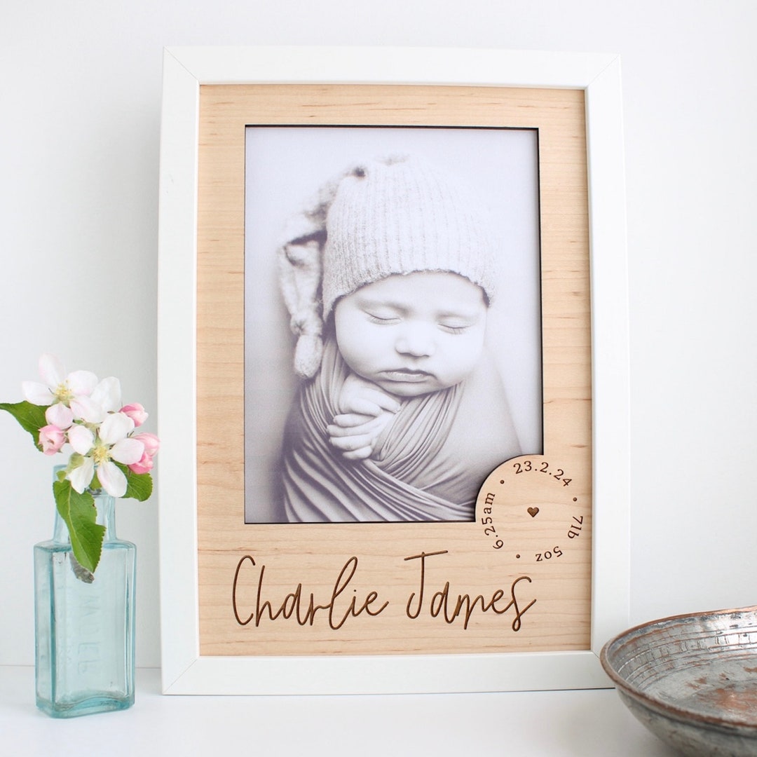 Personalized New Baby Photo Frame Insert: Maple Veneer Christening Gift ...
