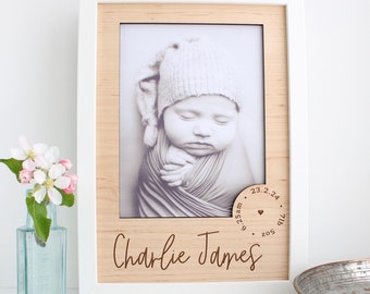 Personalized New Baby Photo Frame Insert: Maple Veneer Christening Gift