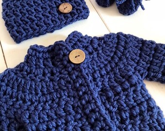 Navy Newborn Baby Sweater, Hat and Booties Set with wood buttons // gender neutral // Hand Crocheted //Newborn // 0-3 Months/ READY TO SHIP