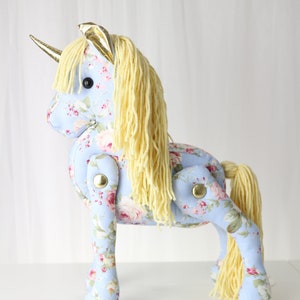 Blue Unicorn plushie. Unicorn Doll. Unicorn Baby Shower. Pony plushie. Plush Unicorn in light blue with gold trimmings. 15&quot; tall.