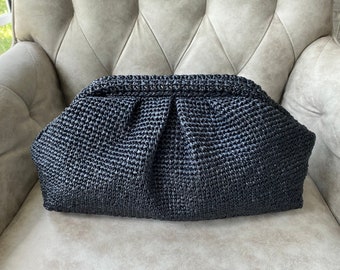 Black raffia clutch. Minimalist luxury summer straw bag. Crochet large handmade beach wedding pouch.