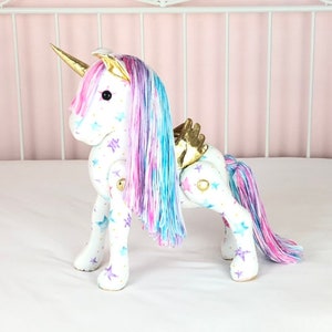 Unicorn doll with rainbow mane. Pegasus Unicorn with gold accents. Flower girl gift. Gift for granddaughter. Girl&#39;s first birthday present.