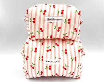 Cute cherry toiletry bag set.  Fluffy pouch travel organizer.  Summer fruit bag set. Quilted skincare bag with zipper.  Girl birthday gift