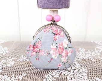 Cherry blossoms coin purse with kiss lock clasp : Gray and pink