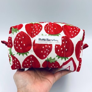 Big strawberry cosmetic bag set.  Puffy pouch travel organizer. Cute summer fruit toiletry kit. Quilted bag with zipper.  Gift for daughter