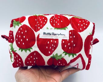 Big strawberry cosmetic bag set.  Puffy pouch travel organizer. Cute summer fruit toiletry kit. Quilted bag with zipper.  Gift for daughter