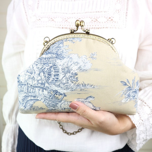 Toile de Jouy purse. Metal frame clutch bag with crossbody chain strap. Party clutch in neutral colors