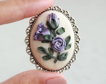 Ribbon Embroidery Brooch Lavender Purple Rose Shabby Chic Vintage Style Oval Antique Silver Pin