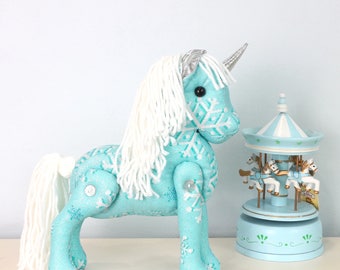 Frozen Unicorn Plush. Snowflake Fabric Unicorn Toy. Blue Pony Plushie. Unicorn doll. First birthday gift.Baby niece gift. 10"tall