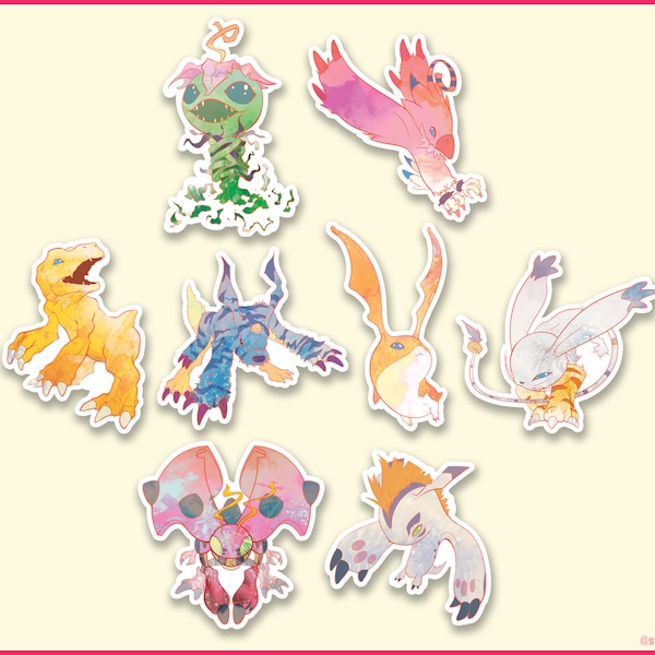 Digimon Adventure 01 - Die-Cut Vinyl Stickers - Agumon, Gabumon, Gatomon, Patamon, Tentomon, Palmon, Gomamon, Biyomon