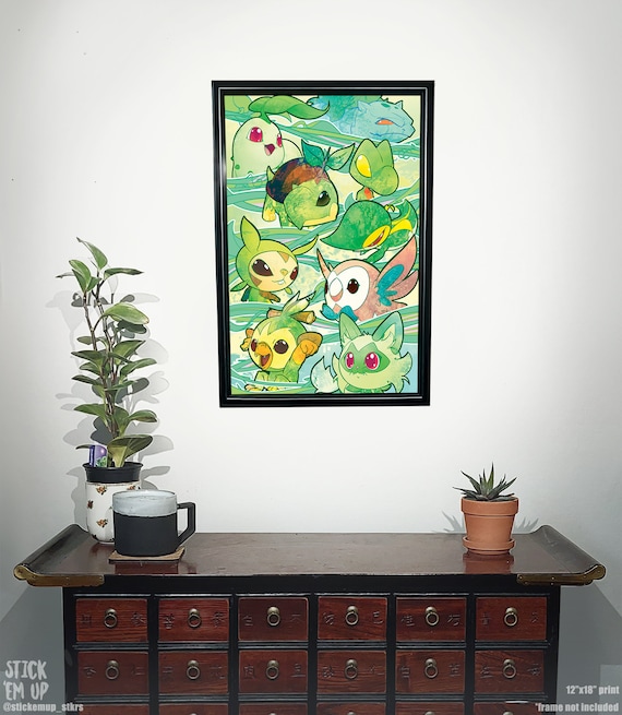 Pokemon - Starters Glow Poster encadré, Tableau mural