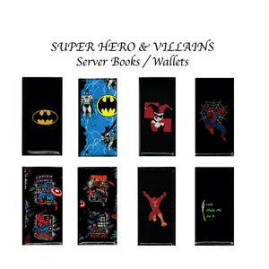 May include: Nine different server books or wallets featuring various superhero and villain characters. The designs include Batman, Captain America, Thor, Spiderman, Harley Quinn, and Loki.
