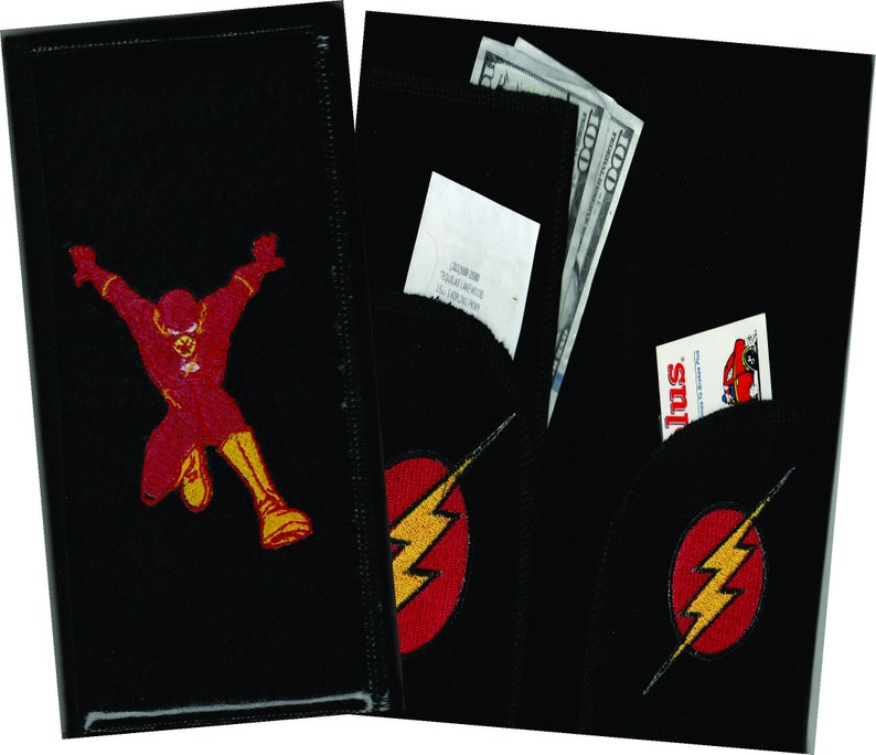 May include: Black leather wallet with a red and yellow embroidered image of The Flash. The wallet has a separate pocket with a red and yellow embroidered Flash logo.