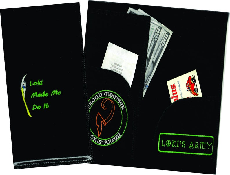 May include: Black wallet with a green embroidered logo that says "Loki's Army" and a smaller green embroidered logo that says "Proud Member Loki's Army". The wallet has a pocket for cash and a pocket for cards.