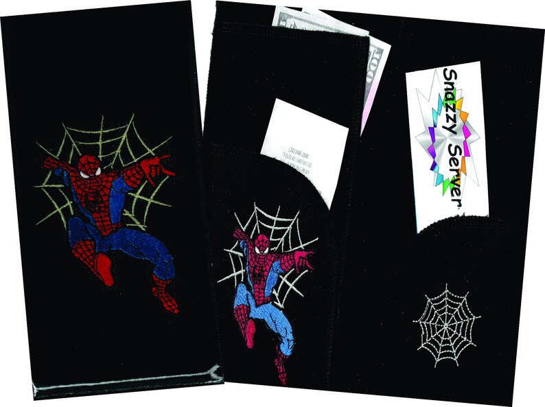 May include: Two black fabric wallets with a Spiderman design. One wallet has a pocket for cash and a receipt. The other wallet has a pocket for cash and a business card. Both wallets have a spiderweb design.