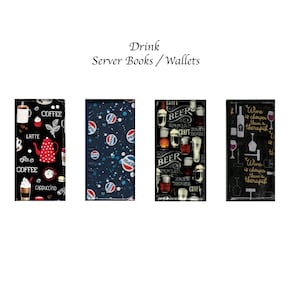 May include: Four different server books or wallets with various drink-themed designs. The first features coffee and latte illustrations on a black background. The second has a blue background with white Pepsi logos. The third has a black background with beer-related illustrations and text. The fourth has a black background with wine-related illustrations and text.