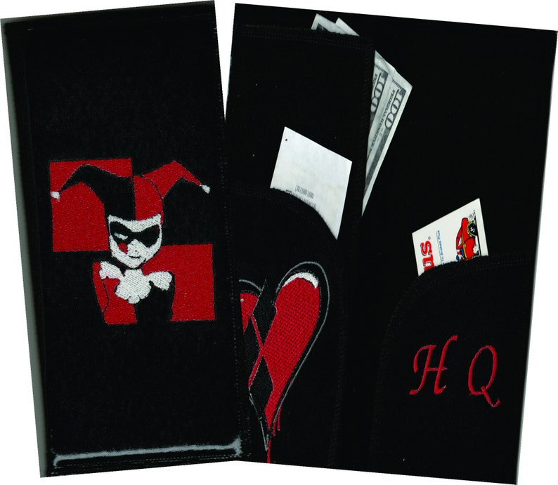 May include: Black wallet with a red heart and a Harley Quinn character embroidered on the front. The wallet has a pocket for cash and cards. The text "HQ" is embroidered on the back.