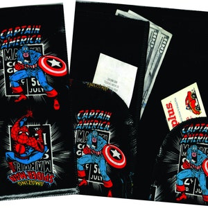 May include: A black fabric wallet with a zipper closure. The front of the wallet features a repeating pattern of Captain America and Spider-Man comic book covers. The back of the wallet has a pocket for cash and a smaller pocket for cards.