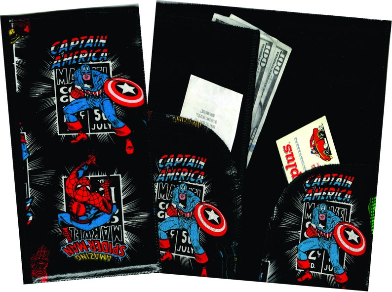 May include: A black fabric wallet with a zipper closure. The front of the wallet features a repeating pattern of Captain America and Spider-Man comic book covers. The back of the wallet has a pocket for cash and a smaller pocket for cards.
