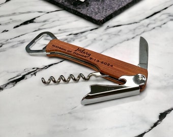 Personalized Engraved Corkscrew – Custom Bottle Opener, Wooden Wine Opener, Laser Engraved Bar Tool, Groomsmen Gift, Bridesmaid Gift