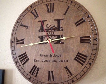 Personalized Clock, Engraved wood clock, Monogram established Clock carved/engraved clock, wedding gift, wood anniversary gift, carved clock