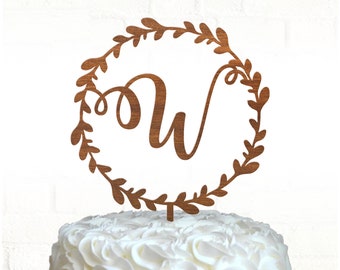 Wedding monogram cake topper, Wood cake topper / Laser cut, Wreath cake topper, Personalized cake topper, Rustic cake topper