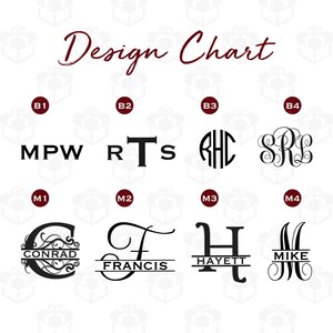 Może przedstawiać: Tabela projektowa przedstawiająca r&oacute;żne style monogram&oacute;w. G&oacute;rny rząd pokazuje trzyliterowe monogram w k&oacute;łku, monogram skryptowy i monogram z literami blokowymi. Dolny rząd pokazuje monogram z ozdobą, monogram podzielony linią i dwa kolejne monogram skryptowe.