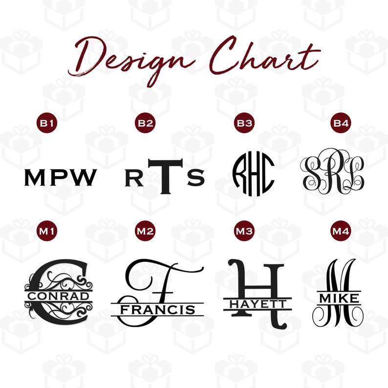 Może przedstawiać: Tabela projektowa przedstawiająca r&oacute;żne style monogram&oacute;w. G&oacute;rny rząd pokazuje trzyliterowe monogram w k&oacute;łku, monogram skryptowy i monogram z literami blokowymi. Dolny rząd pokazuje monogram z ozdobą, monogram podzielony linią i dwa kolejne monogram skryptowe.