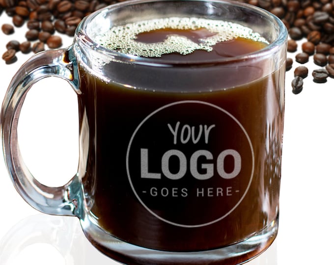 Custom engraved glass coffee mug with your logo or image / Laser engraved 13 oz.