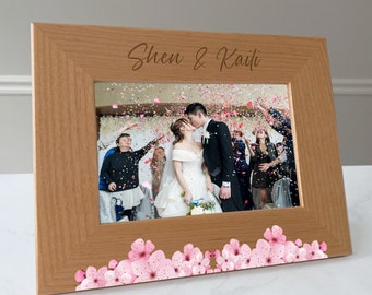 Couples wedding picture frame, Family name gift, Gift for newlyweds, Cherry Blossom design / 4x6 photo frame / Printed & Laser Engraved