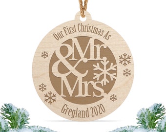 Our first Christmas as mr and mrs ornament, Personalized engraved wood Christmas ornament, First christmas ornament / Laser engraved