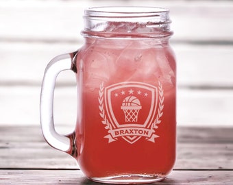 Personalized Basketball Mason Jar Mug Engraved, Coach Gift, Team Gift / Laser Engraved 16oz.