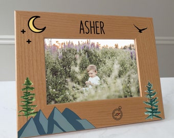 Outdoor mountains picture frame personalized, Kids picture frame, Baby gift / 4x6 photo frame / Printed