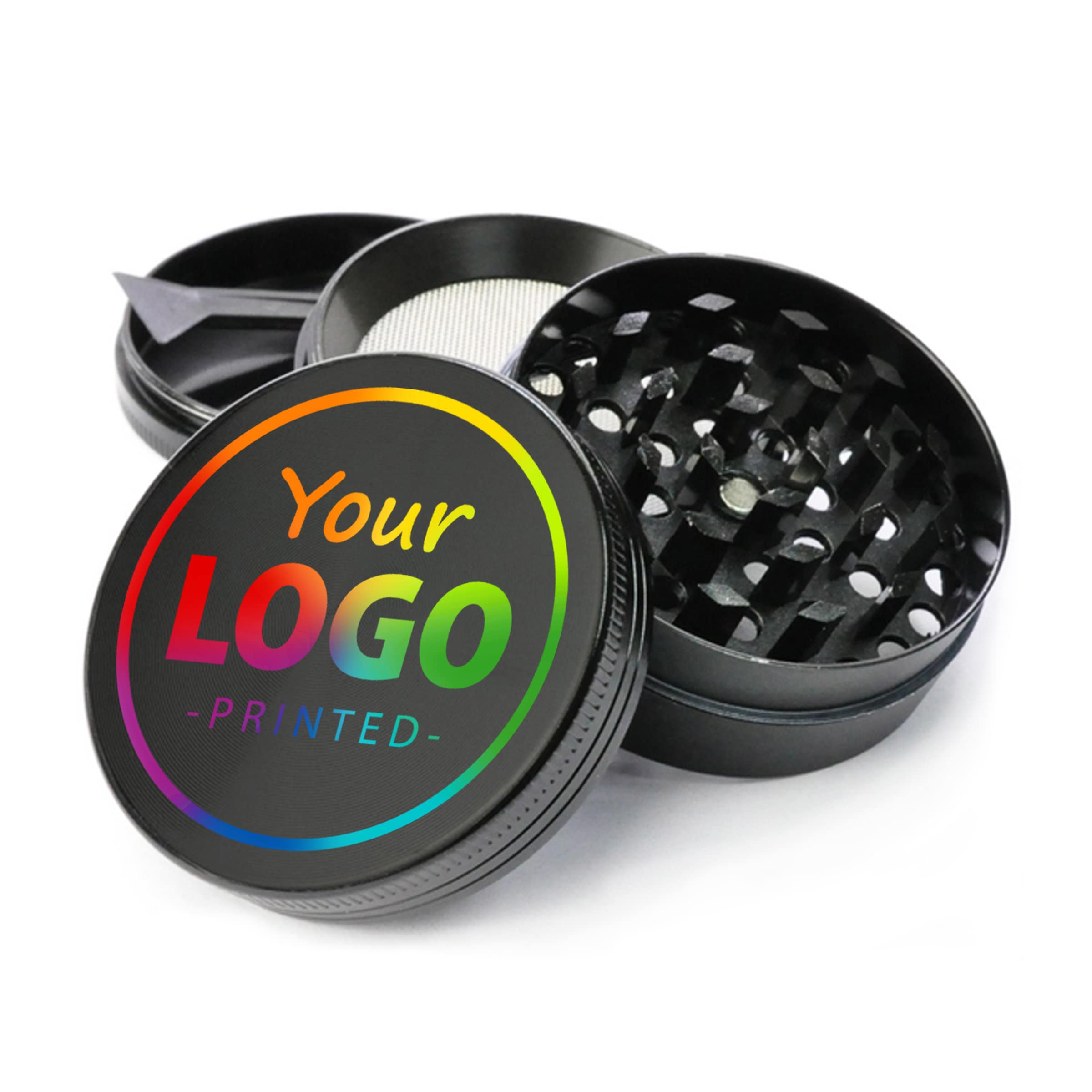 custom tobacco grinder Custom Logo Herb Grinder: Black Anodized Metal, Full Color Print