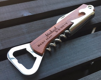 Engraved corkscrew opener, Personalized wood bottle opener, Wine corkscrew, custom bottle opener, Groomsman bottle openers, / Laser Engraved