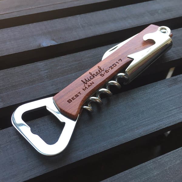 Engraved corkscrew opener, Personalized wood bottle opener, Wine corkscrew, custom bottle opener, Groomsman bottle openers, / Laser Engraved