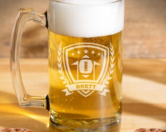 Football beer mug engraved, Personalized beer mug / Laser engraved 25oz.