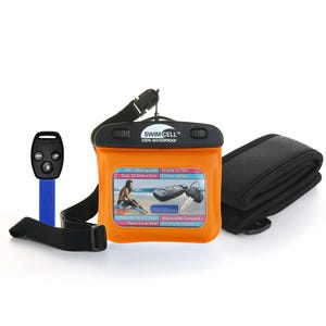 May include: An orange Swim Cell waterproof pouch with a black strap, a black wristband, and a car key with a blue base. The pouch is labelled "100% WATERPROOF" and "Tested to 10m". The pouch is 10.5cm x 8cm.