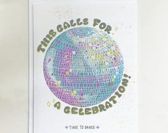 Disco Ball Celebration Card, Retro Risograph Style Greeting, Blank Birthday Card