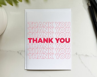 Thank you bag card • recycled premium matte stock, A2 folded greeting card, blank interior white envelope, plastic t-shirt shopping bag