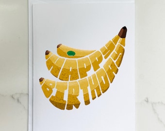 Banana Happy Birthday Card, Hand-Drawn Fruit Illustration, A2 Folded with Envelope