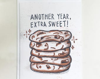 Chocolate Chip Cookie Birthday Card, Riso Style Illustration, Sweet Greeting Card