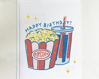 Movie Lover Happy Birthday Card, Retro Film Theater Popcorn & Soda