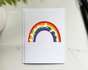 Rainbow thank you card • recycled premium matte stock, A2 folded greeting card, blank interior white envelope, colorful bright fun happy