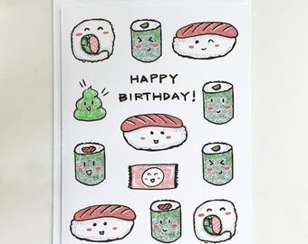 Hand Drawn Sushi Birthday Card – Kawaii Foodie Greeting for Sushi Lovers