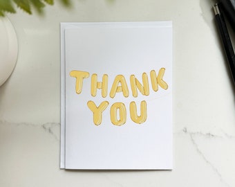 Balloon thank you card • recycled premium matte stock, A2 folded greeting card, blank interior white envelope, gold shiny letter party style